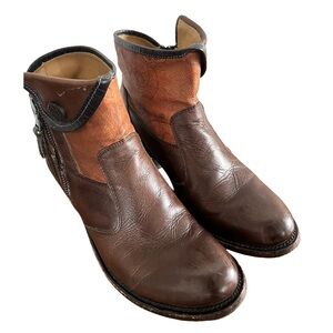 J.B. Dillon Western Cowboy 2 Tone Brown Leather Ankle Boots with Side Zip 7 1/2